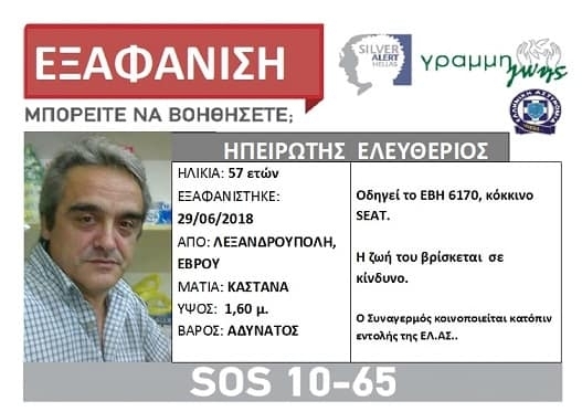 Εντοπίστηκε ο αγνοούμενος από την Αλεξανδρούπολη 