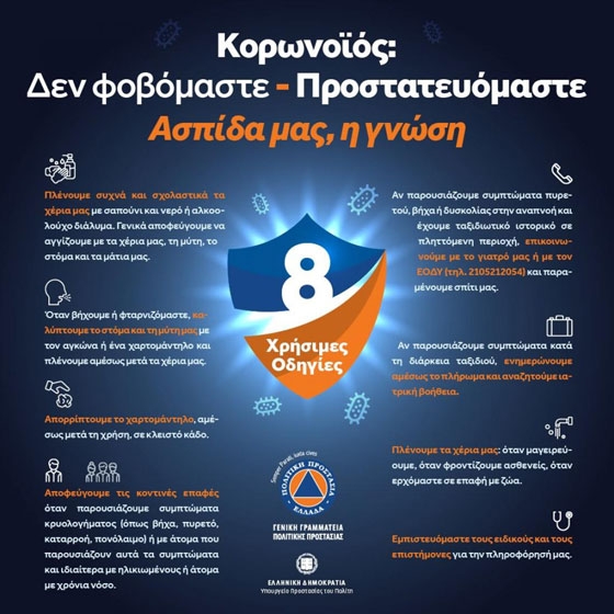 Γενική Γραμματεία Πολιτικής Προστασίας:  Οκτώ συμβουλές για τον κοροναϊό 