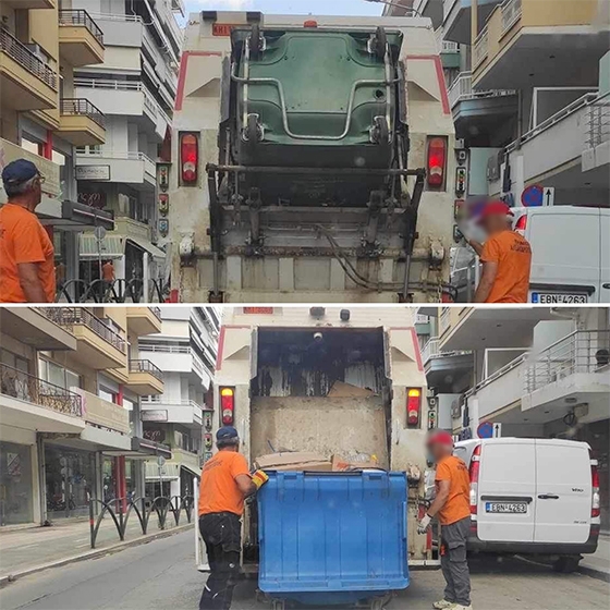 Απορριμματοφόρο του Δήμου Αλεξανδρούπολης μαζεύει ανακυκλώσιμα και σύμμεικτα απορρίμματα μαζί.