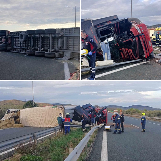 Τριαξονικό όχημα που μετέφερε άχυρα δίπλωσε πριν τον κόμβο της Μάκρης